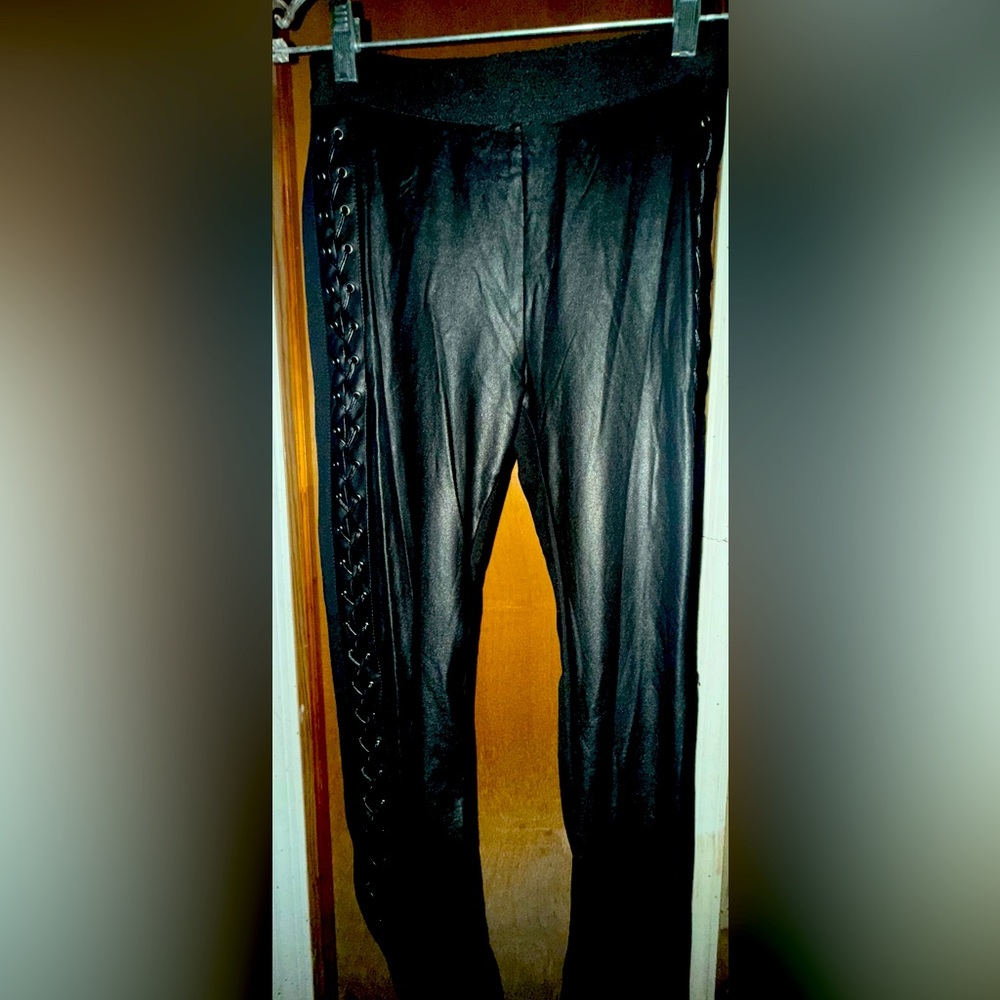 Chic Black Faux Leather Pants with Lace-Up Detail